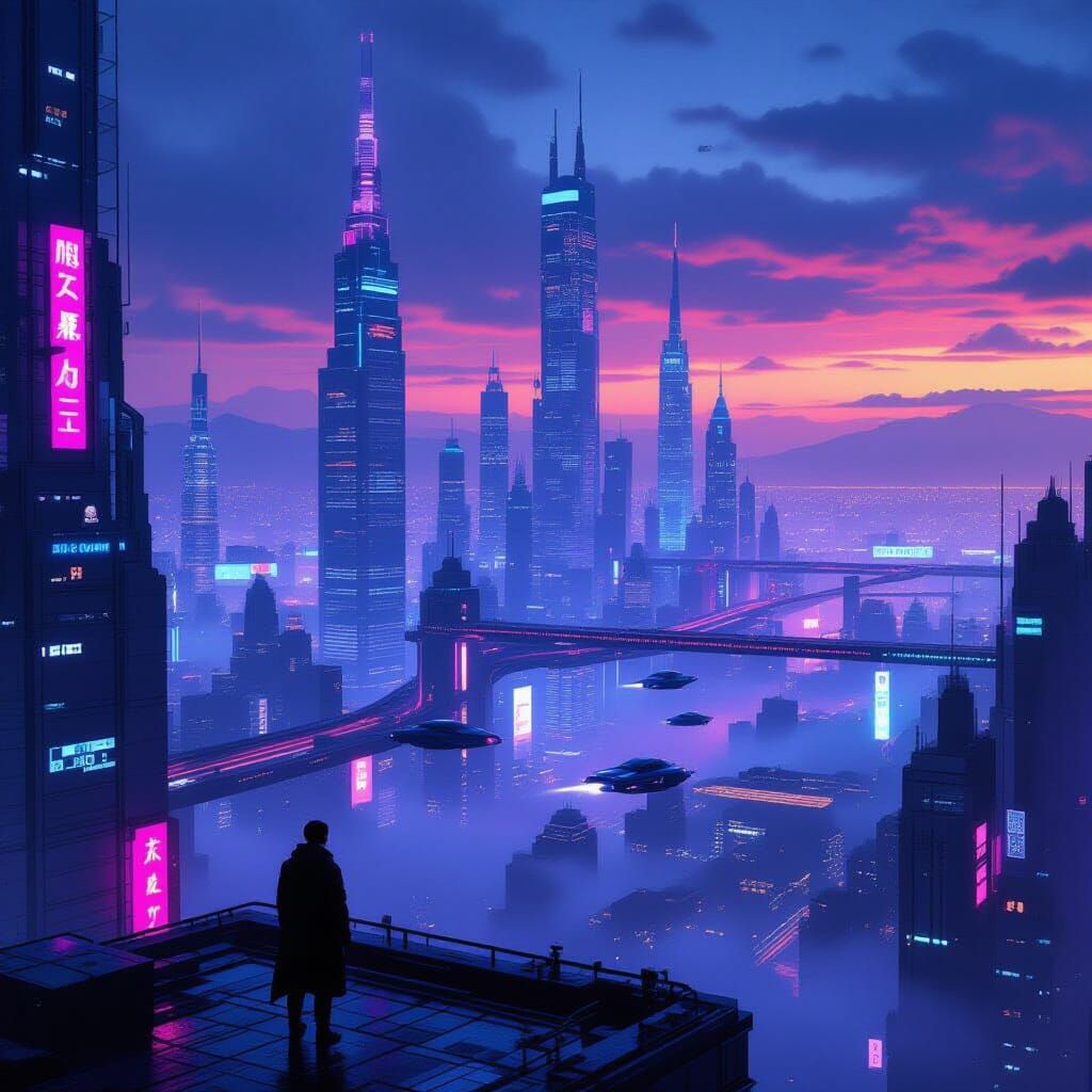 Cyberpunk Cityscape: Lone Figure on Rooftop at Dusk