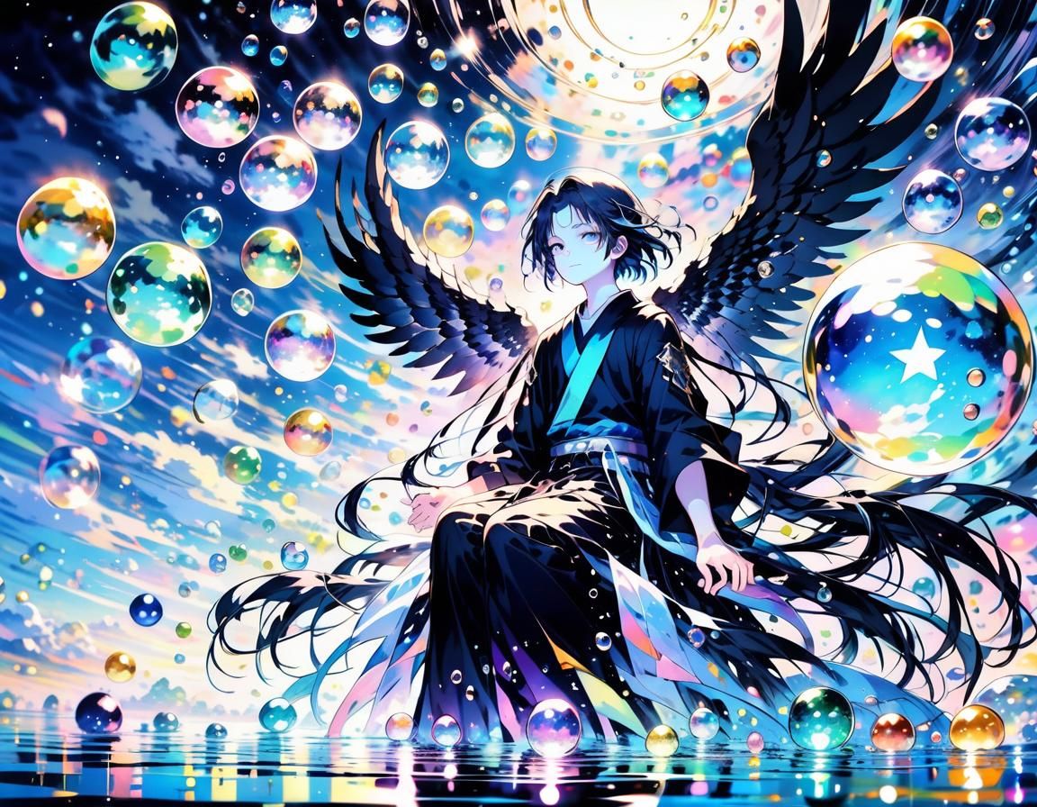 Black Angel with Iridescent Bubbles in Anime Style