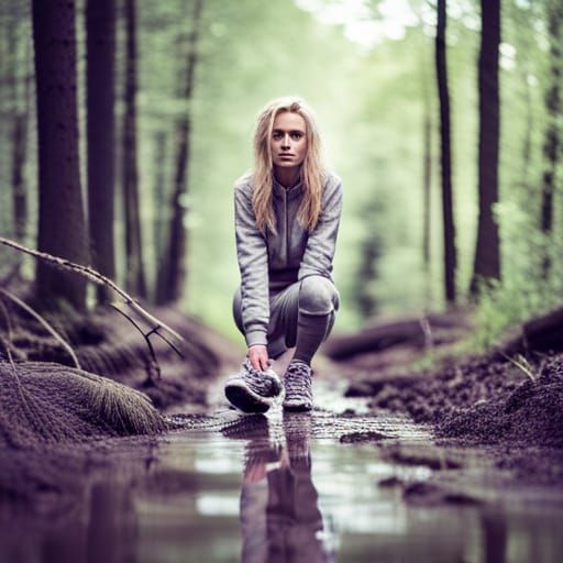 Mud-Covered Blonde in Woods Wearing Sportswear