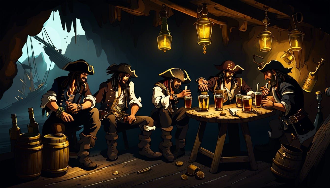 Pirates Enjoying Rum in Cave Tavern