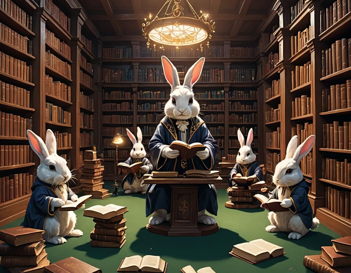 Bunny Wizards Studying Magic in Library