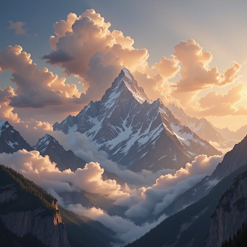 Majestic Mountain Sunset with Billowing Clouds