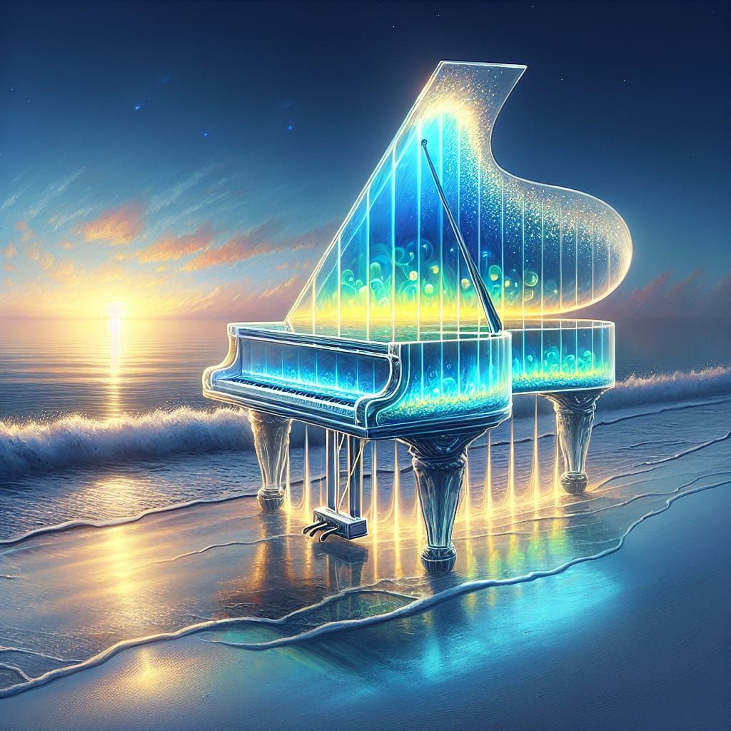 Bioluminescent Piano Waves at Dawn: A Fantasycore Vision