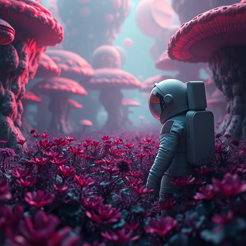 Astronaut and Purple Vegetation in Surreal Landscape