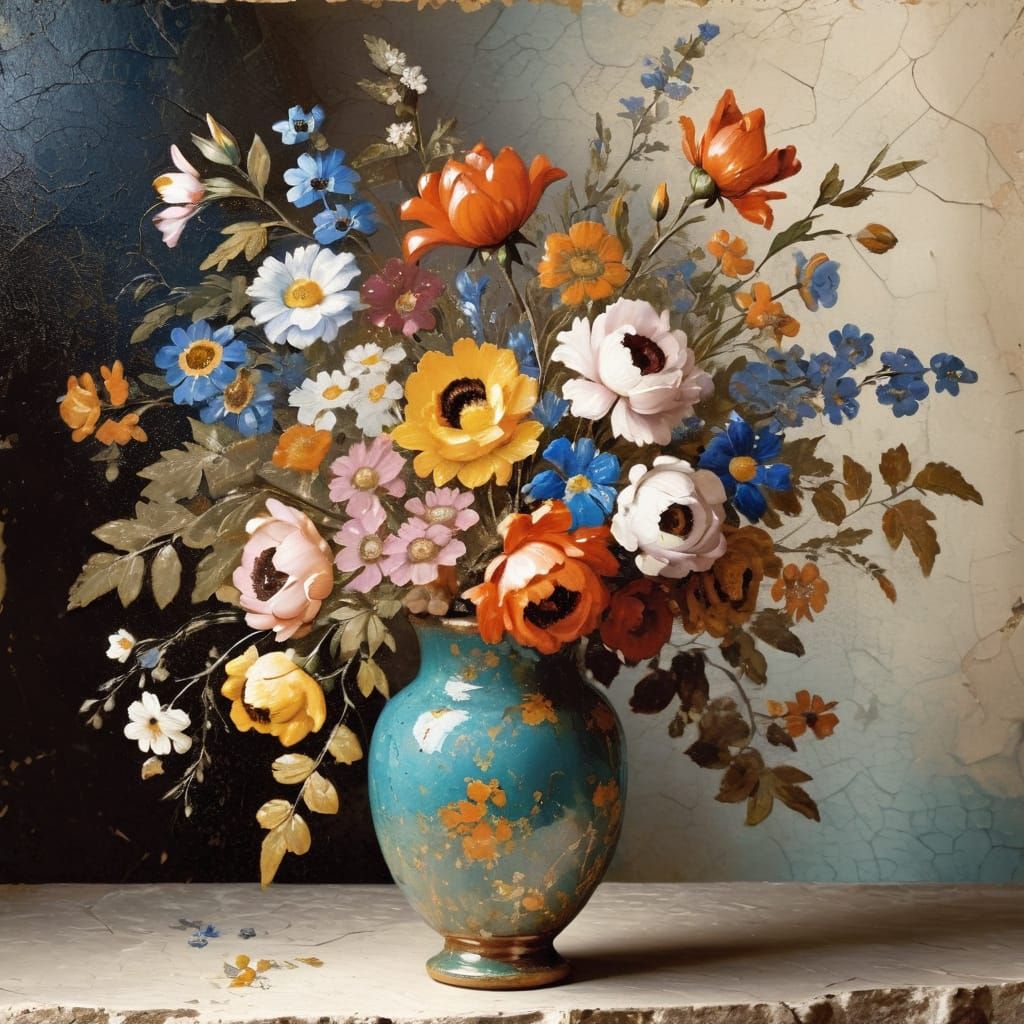Vintage Bouquet in a Cracked Ceramic Vase