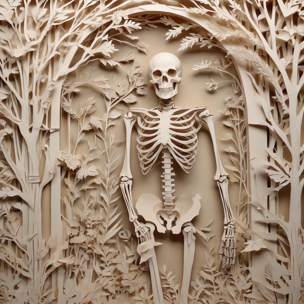 Paper-Cut Skeleton in Cemetery: Art Deco Kirigami