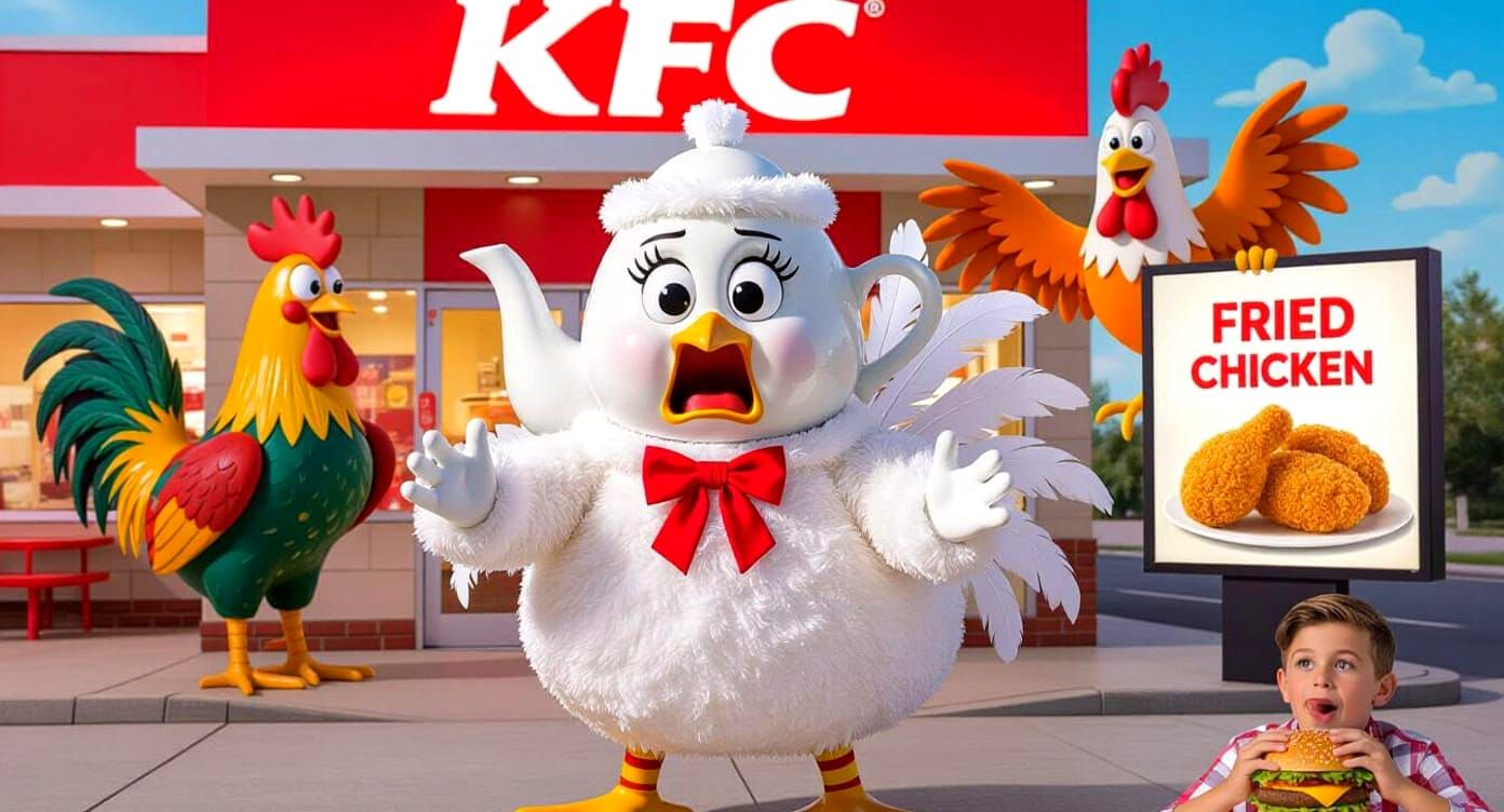 Terrified KFC Teapot in Chicken Costume