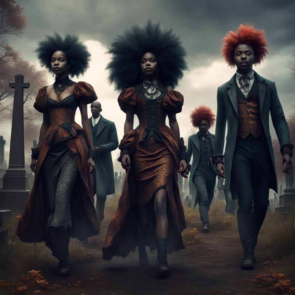 Afro-Goth Victorians in Graveyard Fantasy Concept Art