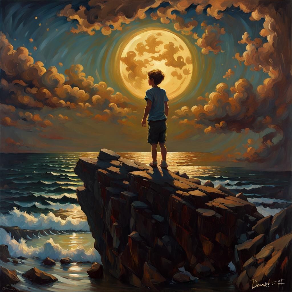 Boy Gazing at Moonlit Ocean, Fine Art Oil Painting