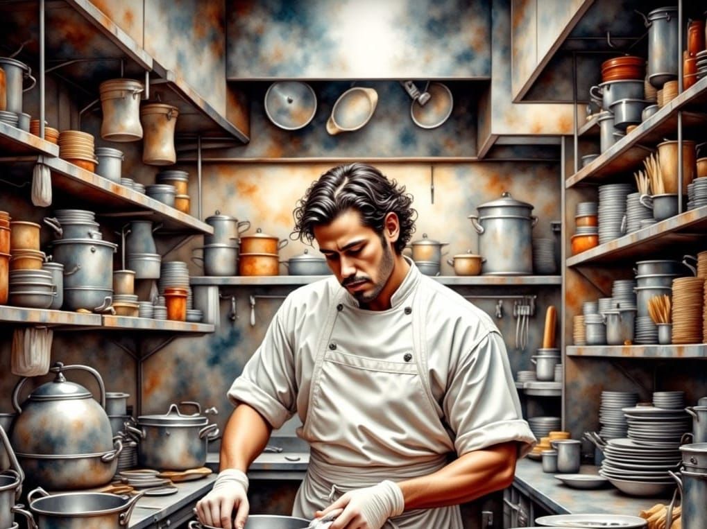 A Resilient Chef Amidst a Storm of Dishes in a Vintage Art D...