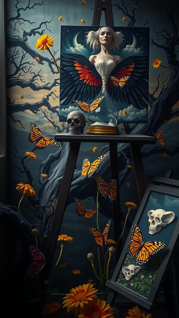 Surreal Landscape with Aztec Deity and Antique Clocks