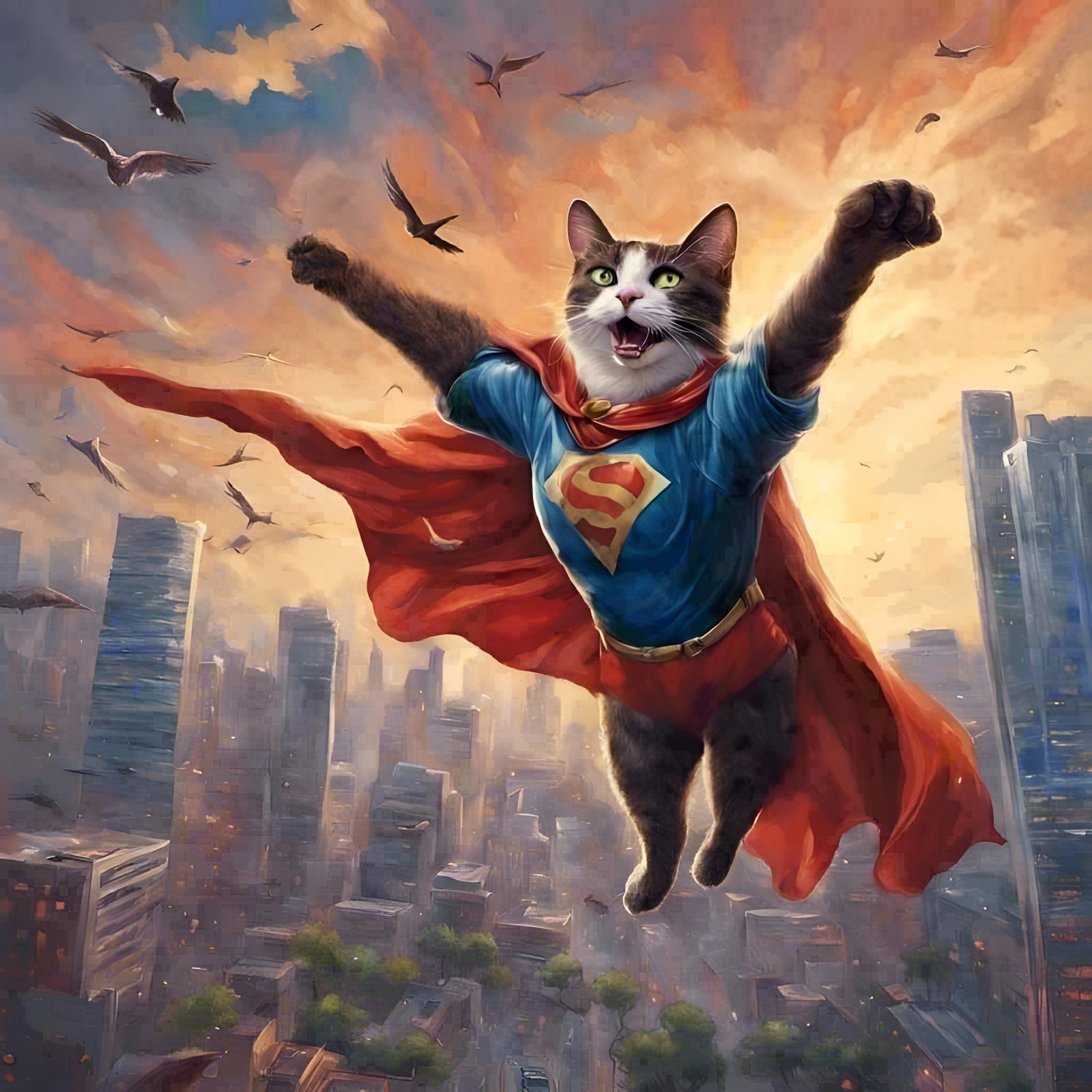 Hyperrealistic Cat and Bird in Splash Art Style