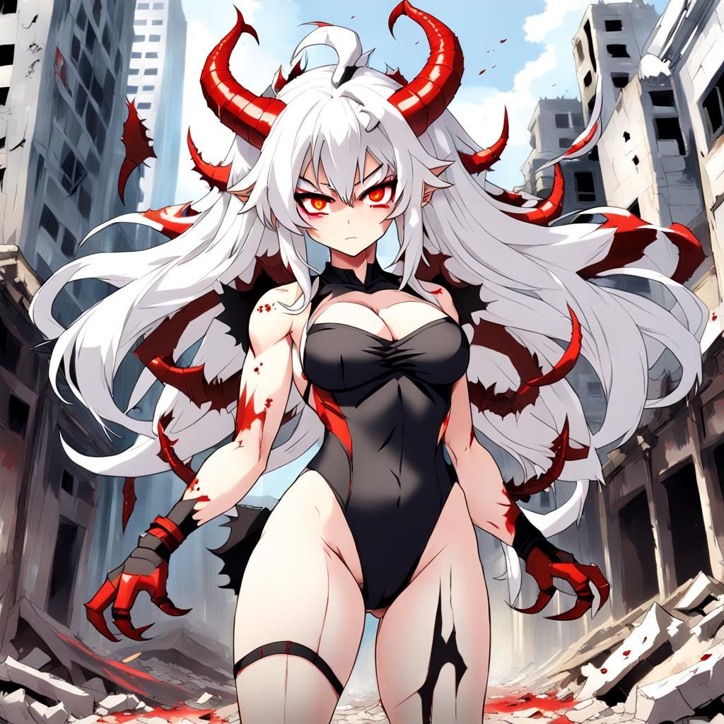 Muscular Naga Girl with Red Horns in Anime Style