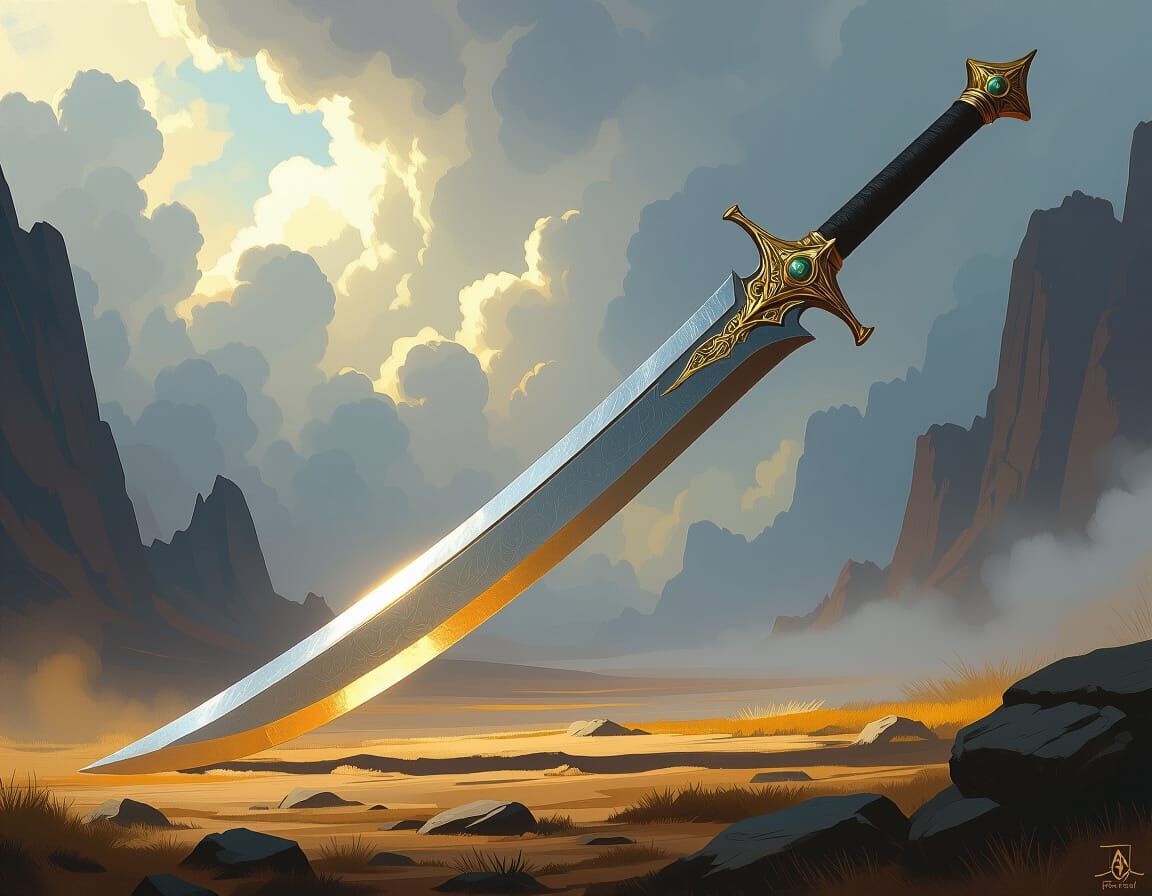 Majestic Scimitar with Gleaming Blade, Digital Matte Paintin...