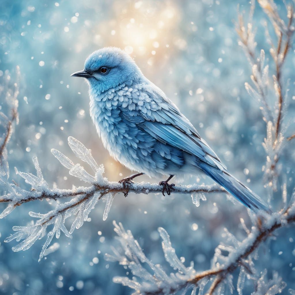 Icy Bird on Snowy Branch in Oil Painting Style