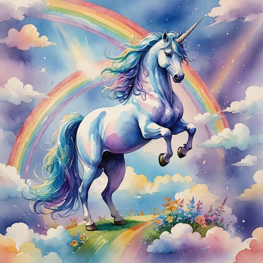 Dreamlike Unicorn Under Rainbow in Watercolor Style