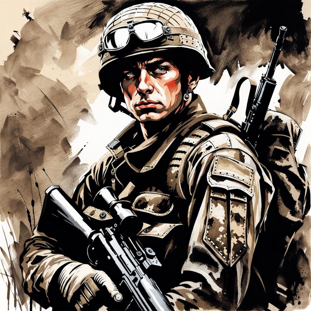 British Paratrooper Resting After Battle, Gothic Ink Paintin...