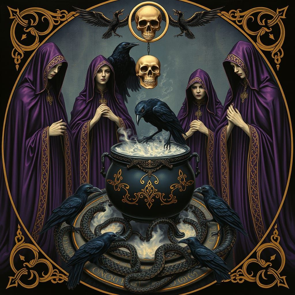 Mysterious Priestesses with Ravens in Pre-Raphaelite Style