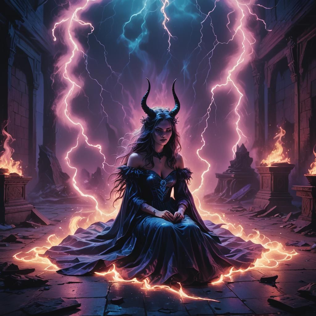 Witch in Wedding Dress with Glowing Fire, Synthwave Style