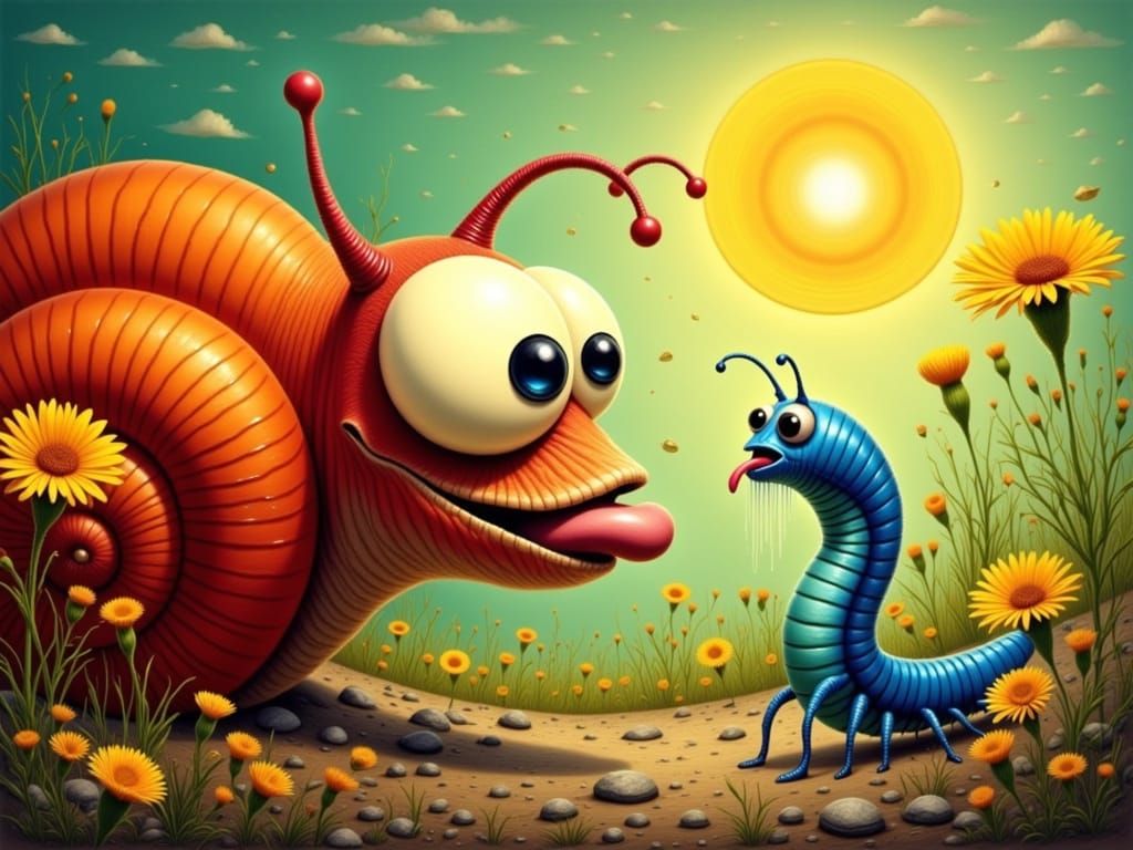 Vibrant Snail Admires Distraught Millipede in Dreamlike Land...