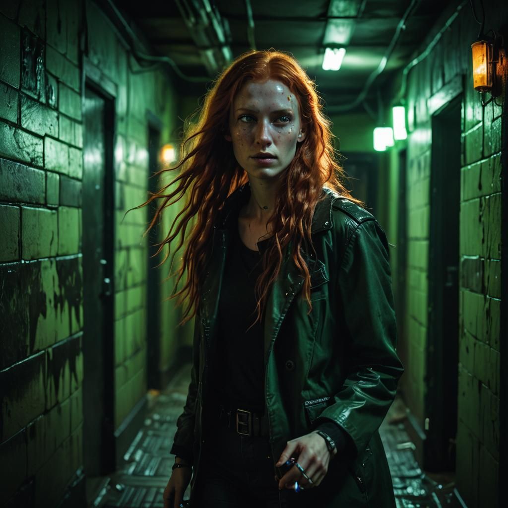 Cyberpunk Woman in Haunted House Interior