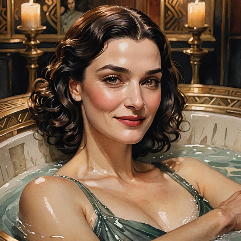 Watercolor Close-Up: Woman Bathing in Art Deco Tub