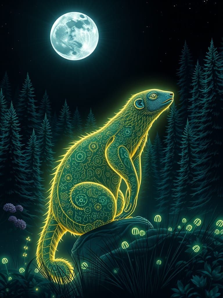 Celestial Mongoose in Mystical Neon Forest