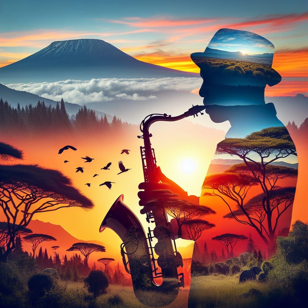 Saxophonist's Sunset: Double Exposure Over Kilimanjaro