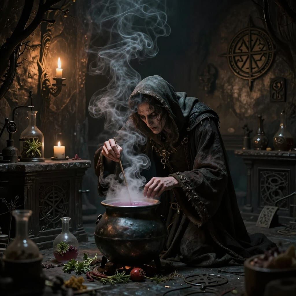 Alchemist Brews Potion in Dim Lab - Dark Fantasy Art