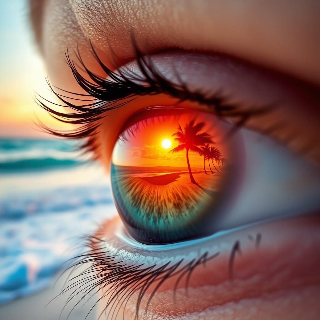 Eye Reflecting a Breathtaking Beach Sunset