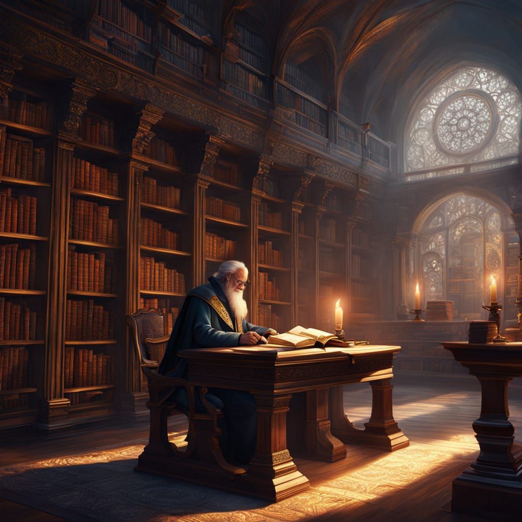 Scholar Reading Ancient Tome in Grand Library