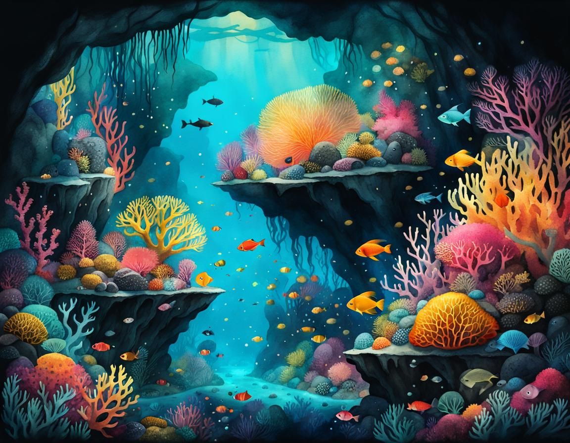 Underwater Coral Cave with Pirate Treasure, Watercolor Style