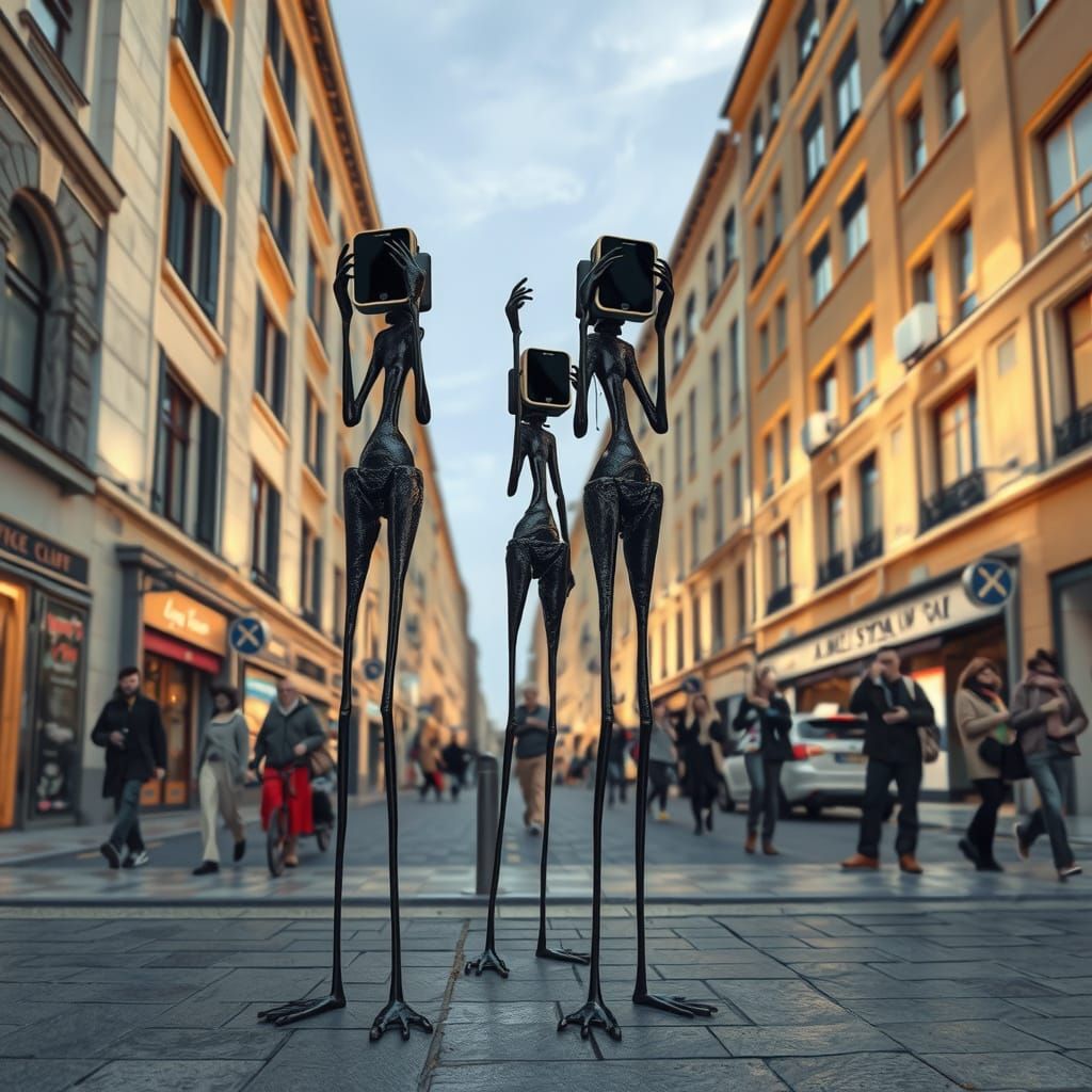 Surreal Stilt Walkers in a Cyberpunk Landscape