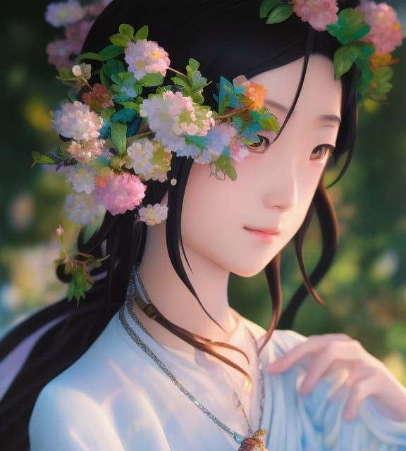 Oriental Woman in Garden: Hyperrealistic Alcohol Ink Art