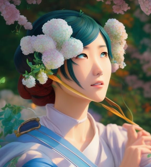 Oriental Woman in Garden: Maximalist Alcohol Ink Art