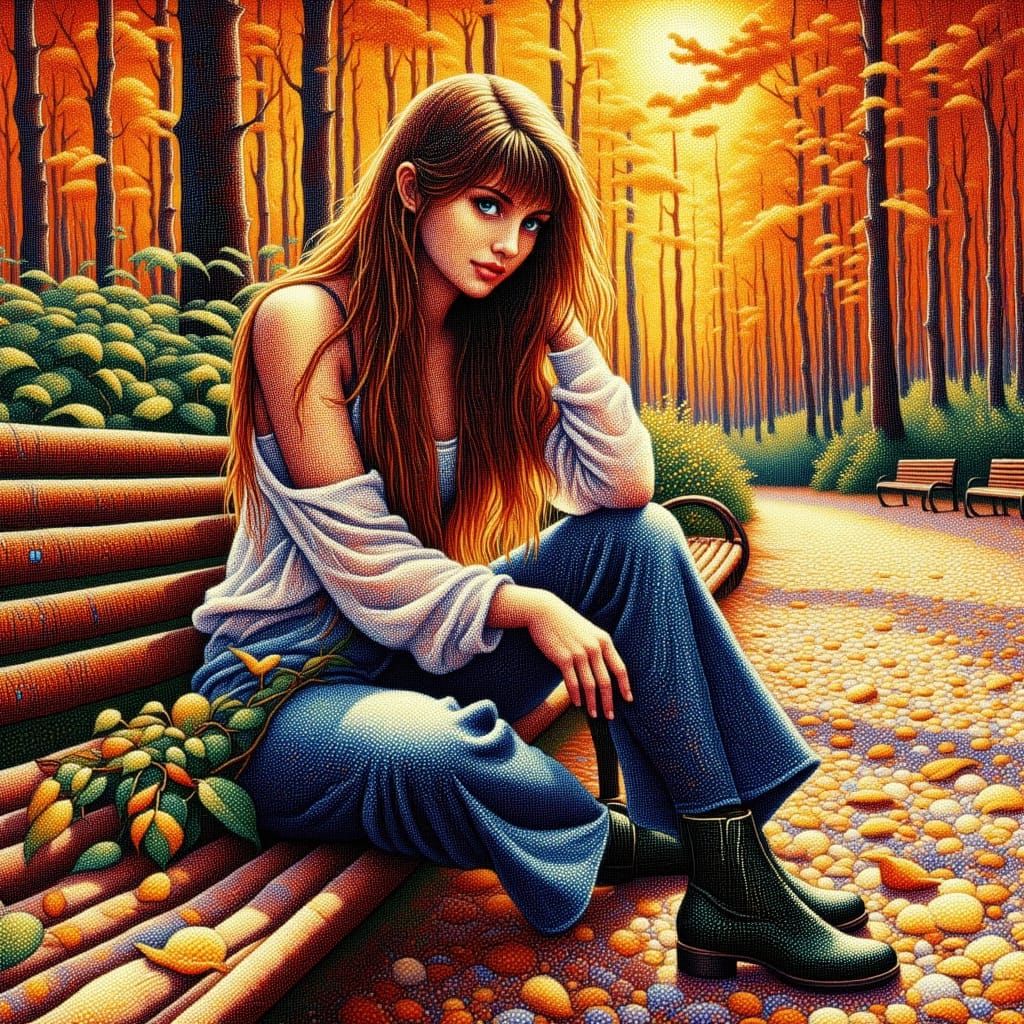 Woman on Park Bench in Autumn Foliage, Pointillist Style