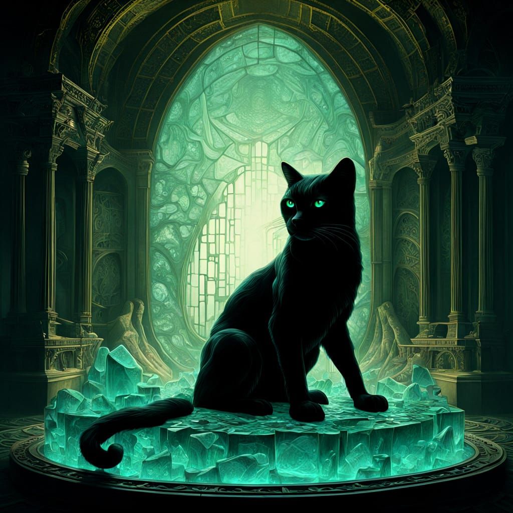 Obsidian Cat on Sea Glass Throne in Futuristic Chamber