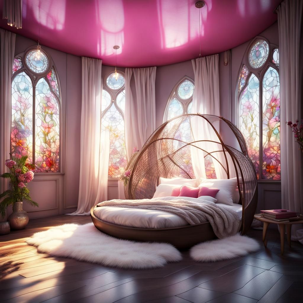 Modern Bedroom with Hammock Bed and Stained Glass