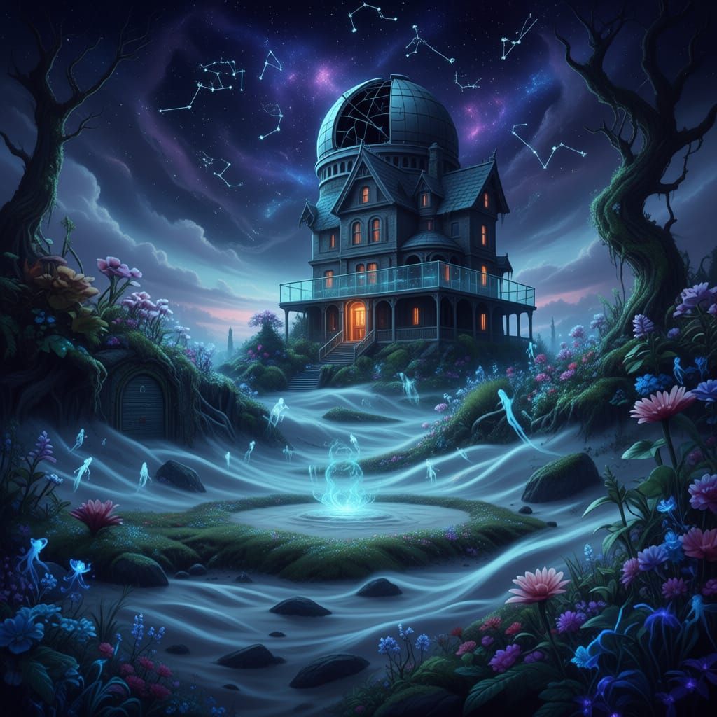 Ancient Observatory Ruin Under Starry Sky in Dark Fantasy St...