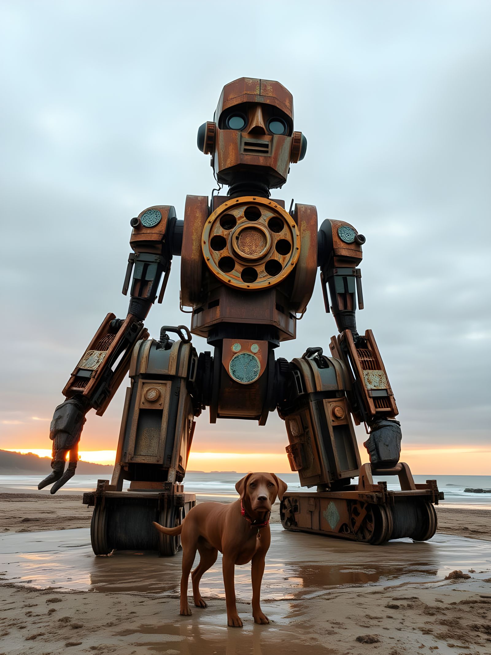 Retro Skyscraper Robot Sculpture on Beach at Sunset
