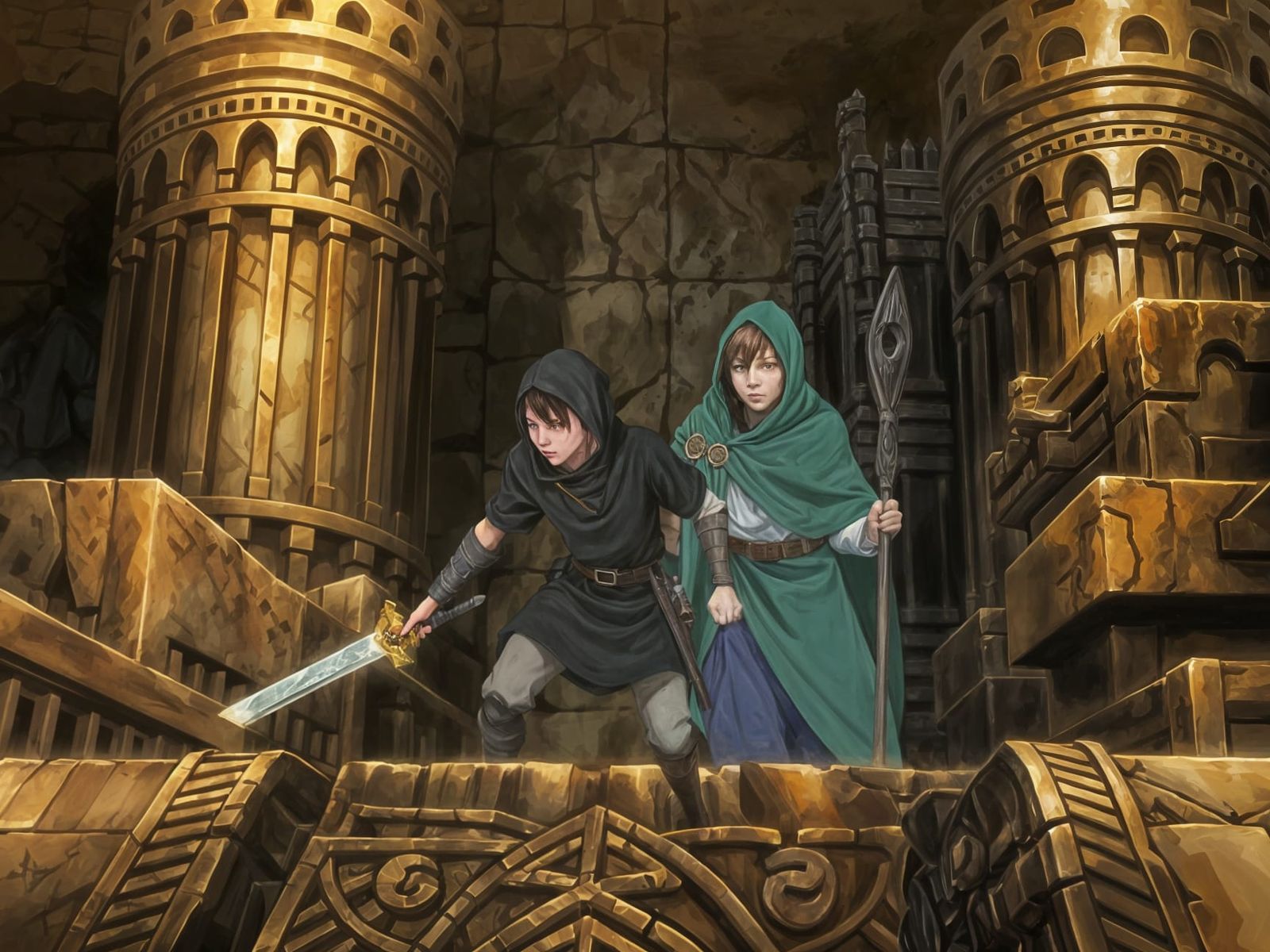 Anime Rogue and Mage in Ancient Tomb
