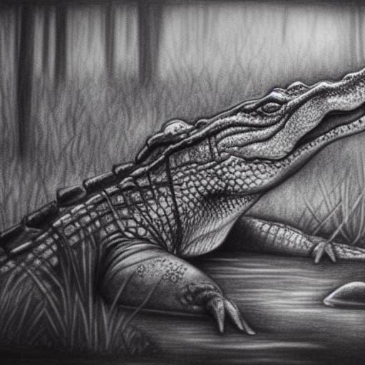 Realistic Alligator in Lush Swamp: Charcoal Drawing