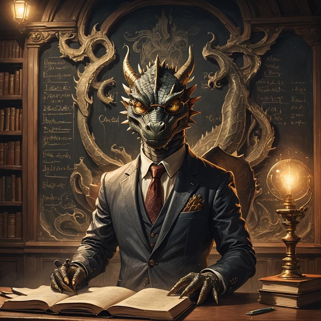 Dragon Professor in Lecture Hall: Fantasy Illustration