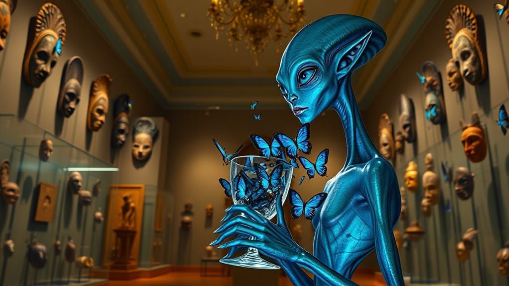 Alien Goddess Admires Ancient Masks in Enchanted Museum Disp...