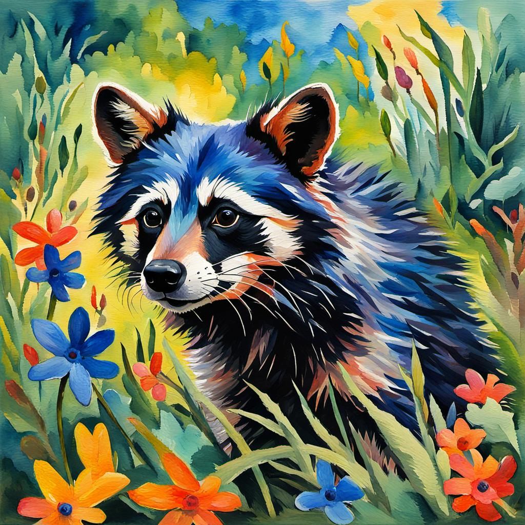 Raccoon Dog Gouache Watercolor Impressionist Painting