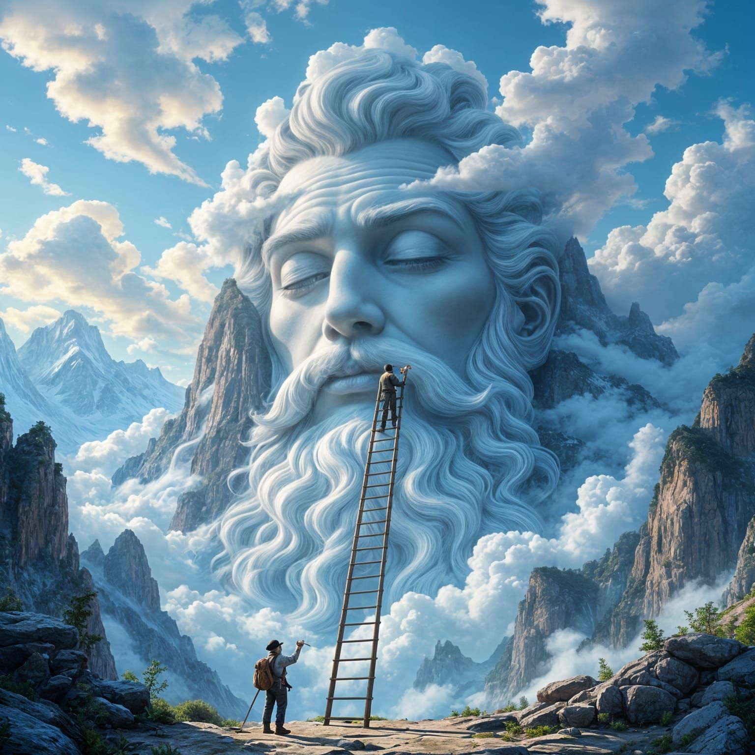 Tiny Painter on Ladder Paints Giant Mountain Face Mural