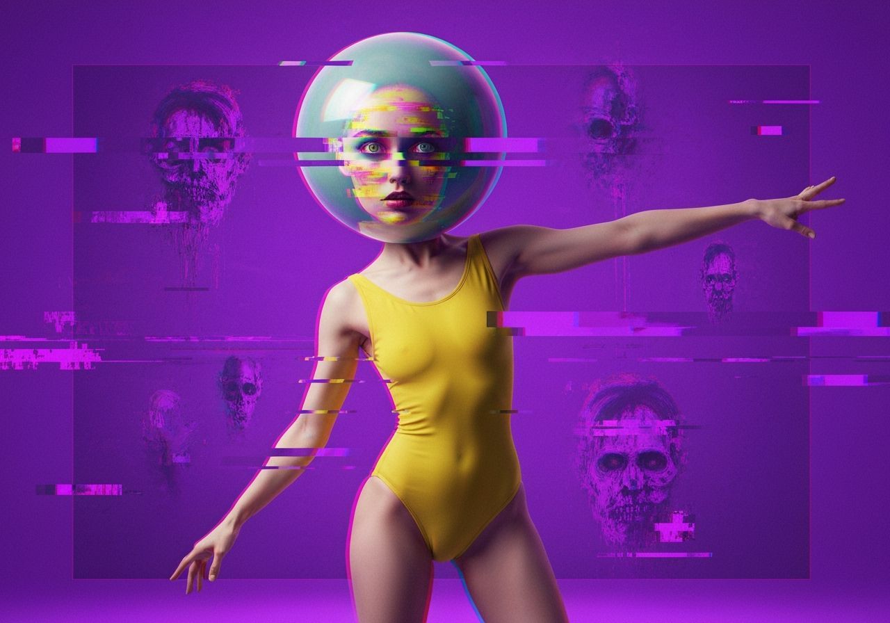 Glitched Breakdancer with Spherical Head in Glitchcore Style