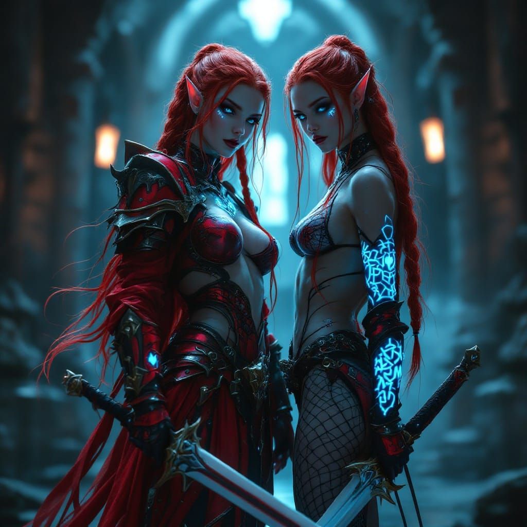 Ethereal Goth Elf Warriors in Combat, Dark Castle Background