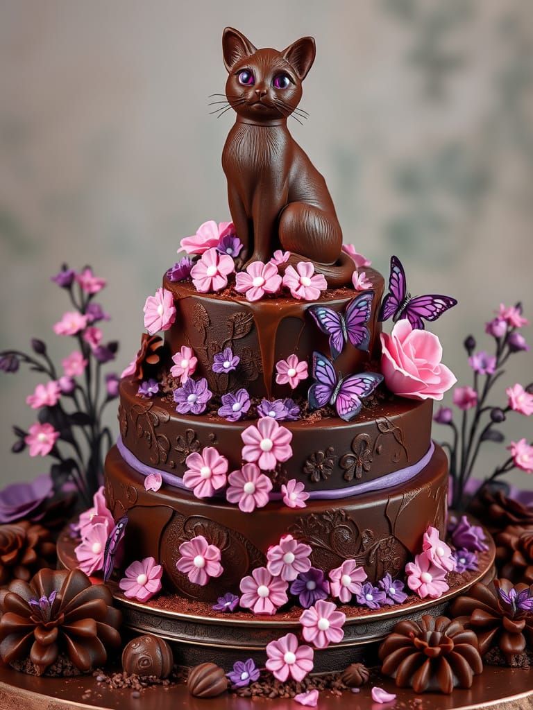 Elaborate Chocolate Cake with Sculptures and Flowers