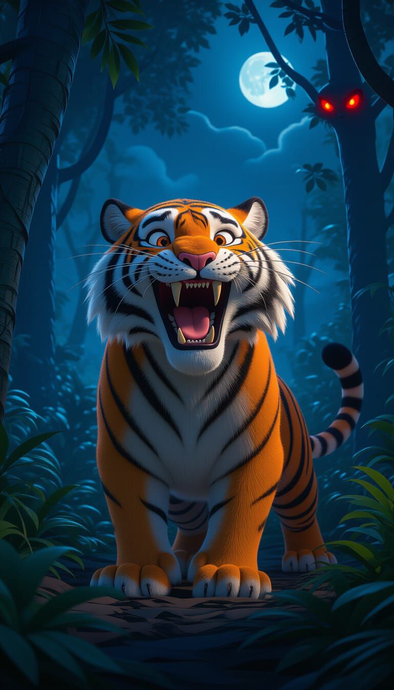 Tiger Roaring in Jungle: 3D Cartoon Illustration